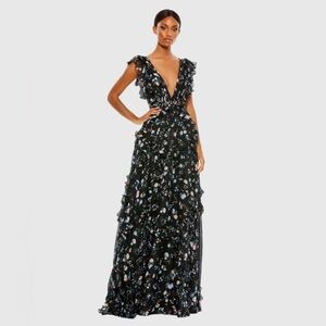 Mac Duggal Black Multicolor Ruffled Floral Print Cap Sleeve Gown Size 2 $498
